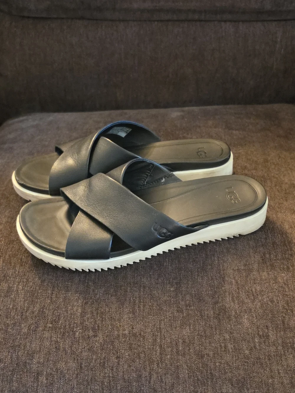 UGG Kari Black Leather Crossband Slide Sandals
